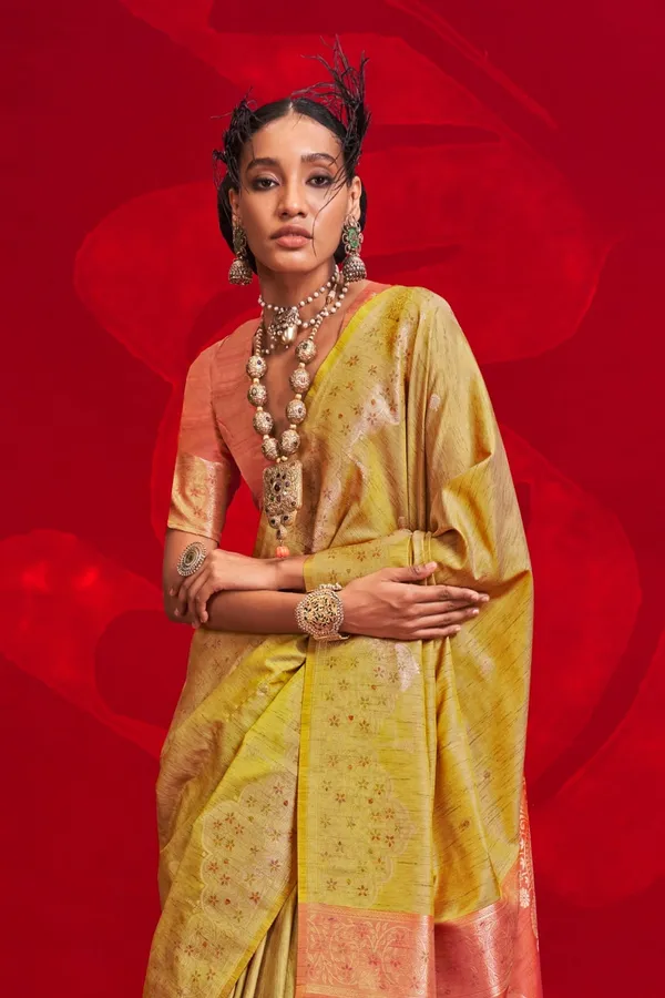 Yellow_Premium_Tussar_Banarasi_Silk_With_Blouse_Piece_For_Women_&_Girls