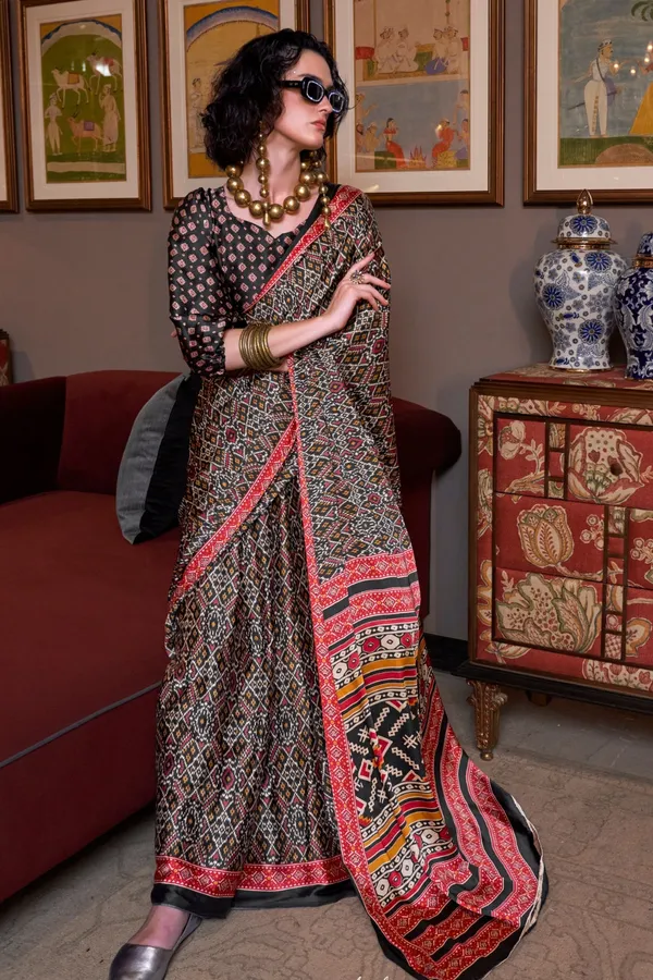 Black_&_Red_Premium_Satin_Saree_With_Blouse_Piece_For_Women_&_Girls