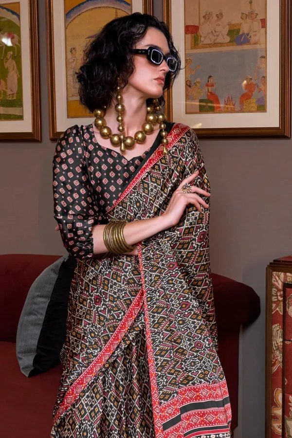 Black_&_Red_Premium_Satin_Saree_With_Blouse_Piece_For_Women_&_Girls