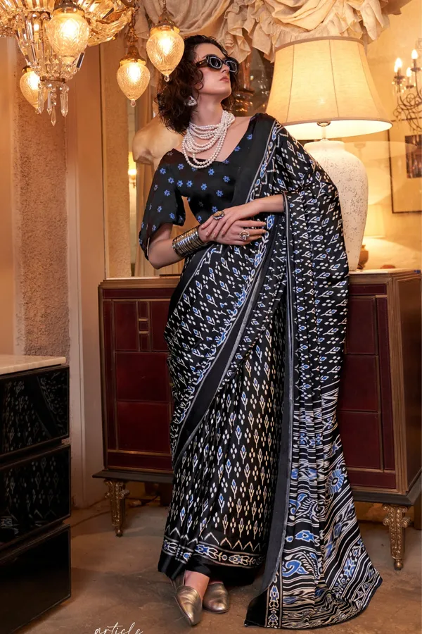 Black_Premium_Satin_Saree_With_Blouse_Piece_For_Women_&_Girls