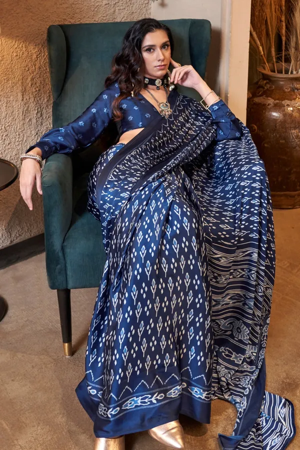 Blue_Premium_Satin_Saree_With_Blouse_Piece_For_Women_&_Girls