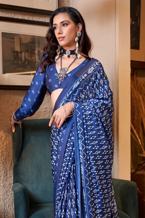 Blue_Premium_Satin_Saree_With_Blouse_Piece_For_Women_&_Girls
