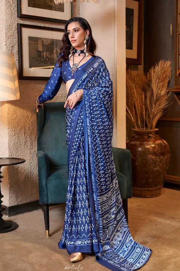 Blue_Premium_Satin_Saree_With_Blouse_Piece_For_Women_&_Girls