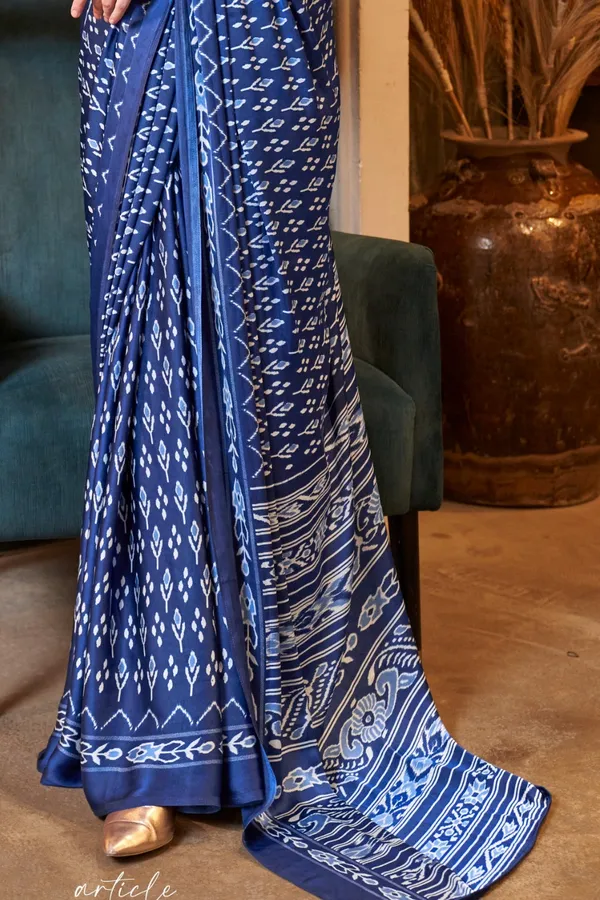 Blue_Premium_Satin_Saree_With_Blouse_Piece_For_Women_&_Girls