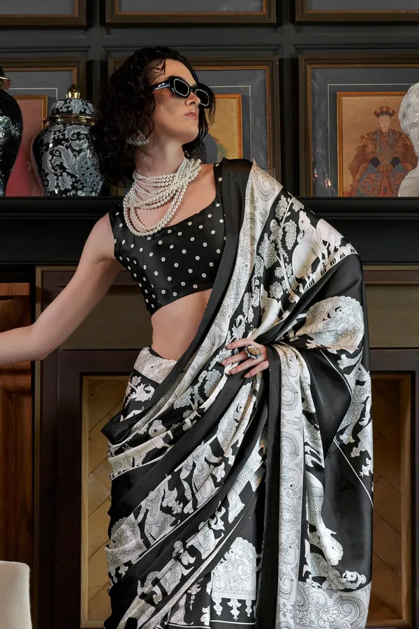 Black_&_White_Premium_Satin_Saree_With_Blouse_Piece_For_Women_&_Girls