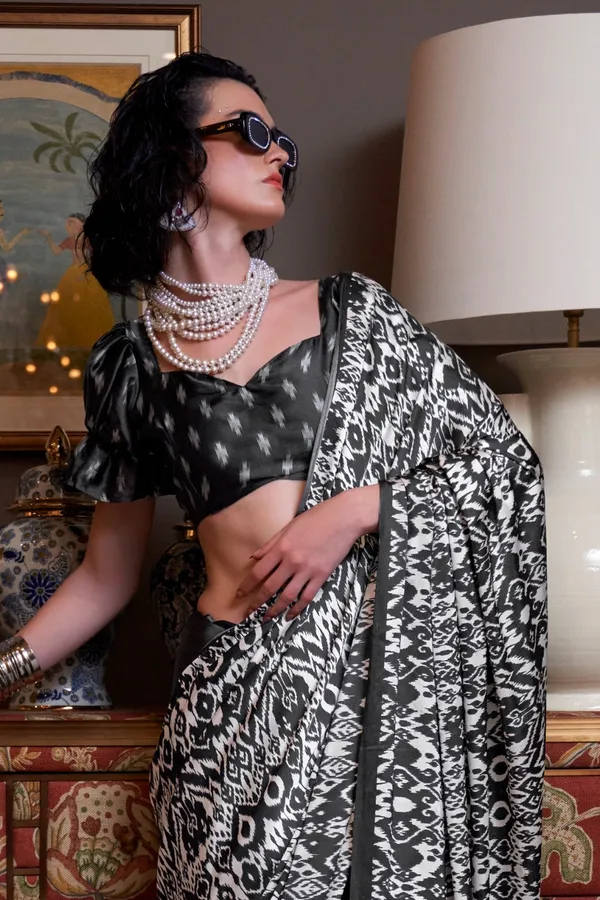 Black_&_White_Premium_Satin_Saree_With_Blouse_Piece_For_Women_&_Girls