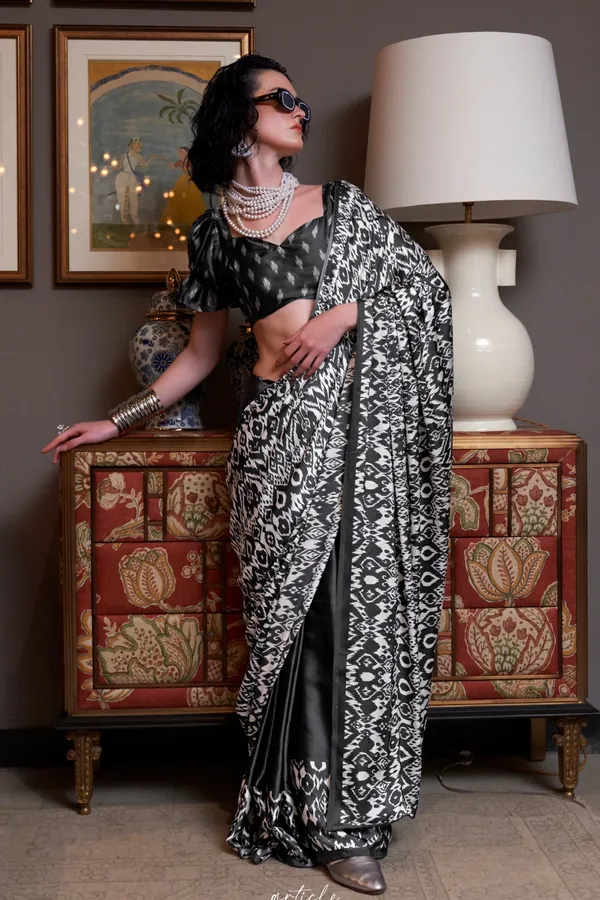Black_&_White_Premium_Satin_Saree_With_Blouse_Piece_For_Women_&_Girls