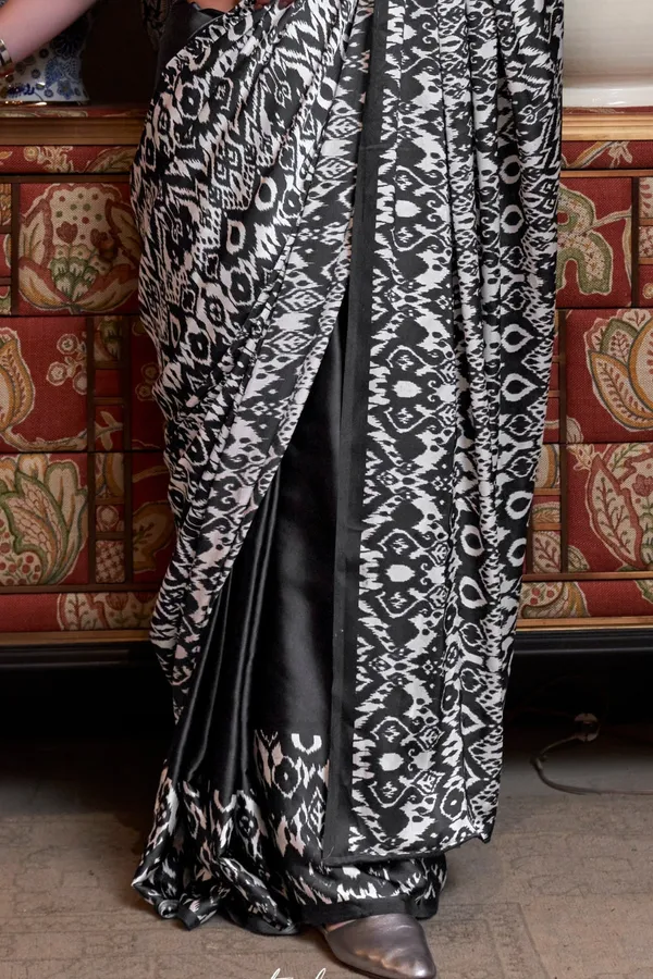 Black_&_White_Premium_Satin_Saree_With_Blouse_Piece_For_Women_&_Girls