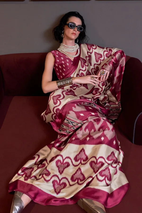 Cream_&_Maroon_Premium_Satin_Saree_With_Blouse_Piece_For_Women_&_Girls