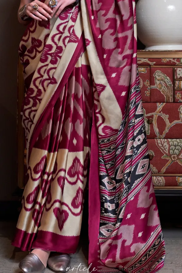 Cream_&_Maroon_Premium_Satin_Saree_With_Blouse_Piece_For_Women_&_Girls