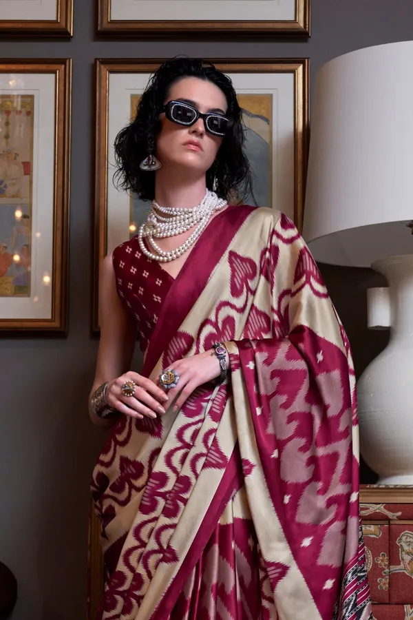 Cream_&_Maroon_Premium_Satin_Saree_With_Blouse_Piece_For_Women_&_Girls
