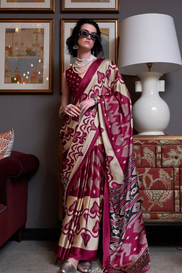 Cream_&_Maroon_Premium_Satin_Saree_With_Blouse_Piece_For_Women_&_Girls