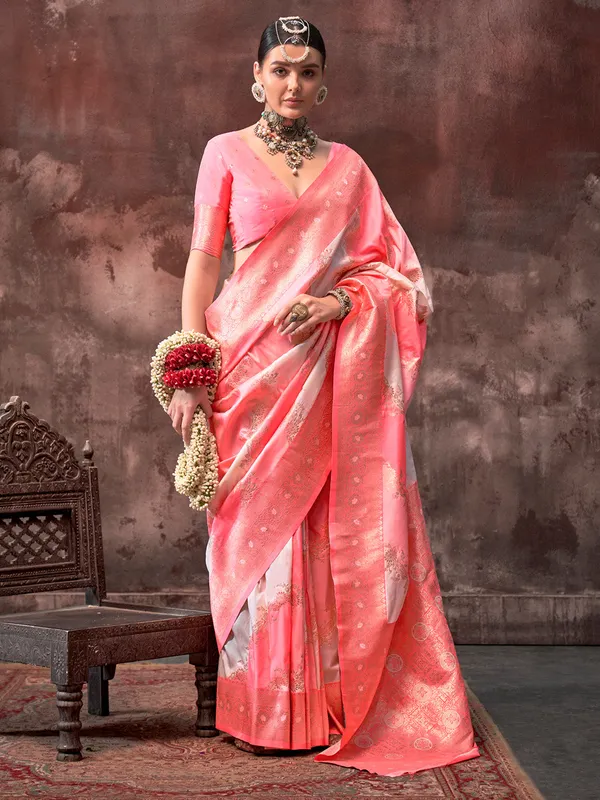 Peach_Premium_Silk_With_Blouse_Piece_For_Women_&_Girls