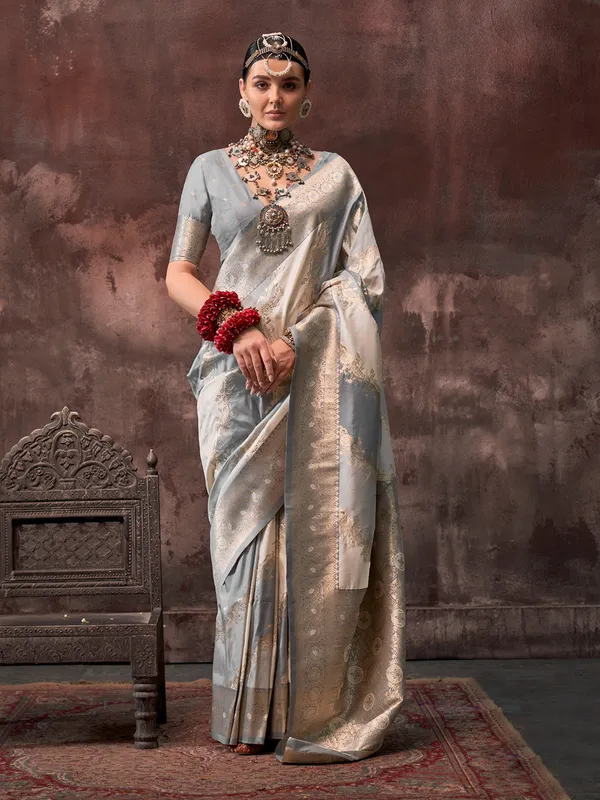 Grey_Premium_Silk_With_Blouse_Piece_For_Women_&_Girls
