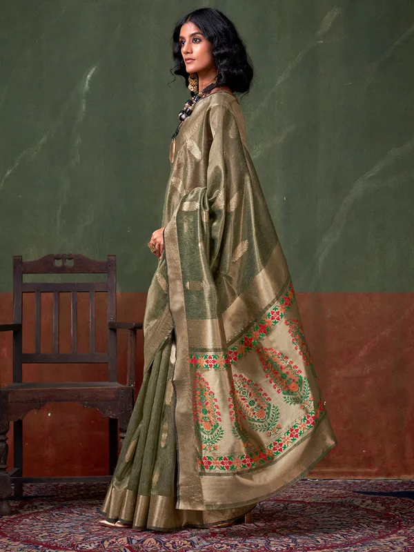 Olive_Premium_Paithani_Tissue_Silk_With_Blouse_Piece_For_Women_&_Girls