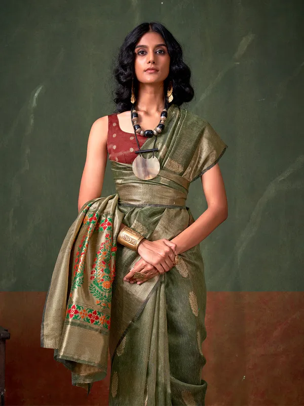 Olive_Premium_Paithani_Tissue_Silk_With_Blouse_Piece_For_Women_&_Girls