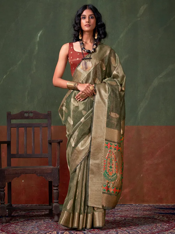 Olive_Premium_Paithani_Tissue_Silk_With_Blouse_Piece_For_Women_&_Girls