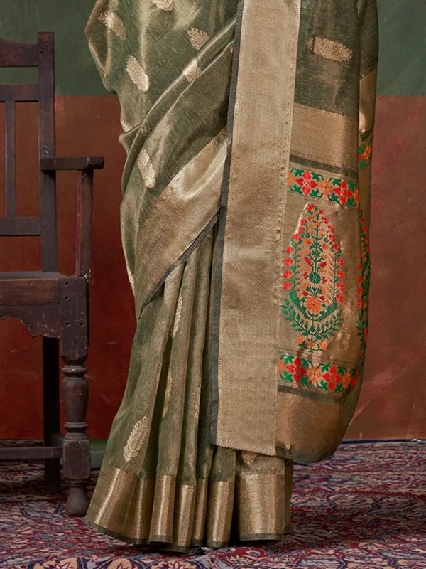 Olive_Premium_Paithani_Tissue_Silk_With_Blouse_Piece_For_Women_&_Girls