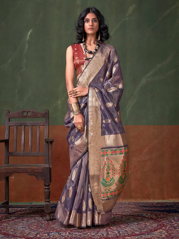 Purple_Premium_Paithani_Tissue_Silk_With_Blouse_Piece_For_Women_&_Girls