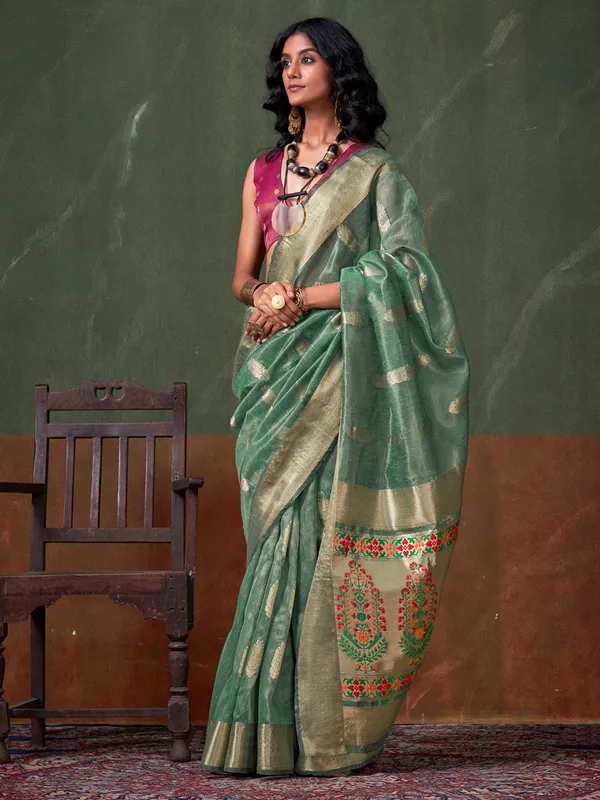 Green_Premium_Paithani_Tissue_Silk_With_Blouse_Piece_For_Women_&_Girls