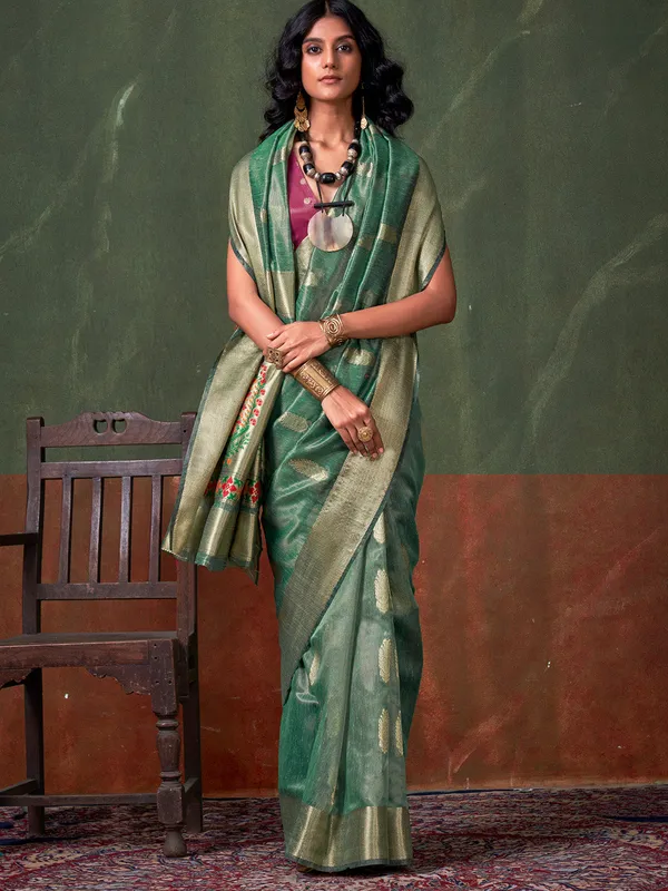 Green_Premium_Paithani_Tissue_Silk_With_Blouse_Piece_For_Women_&_Girls
