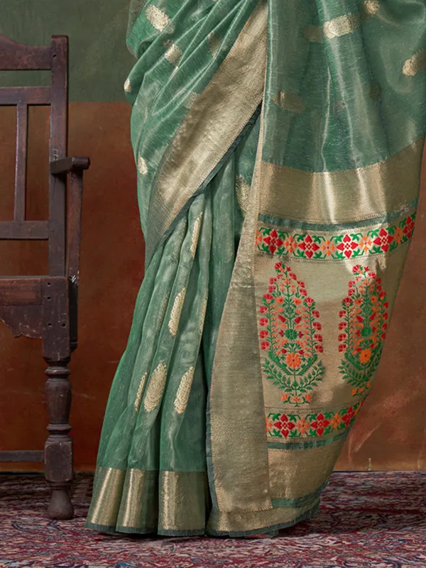 Green_Premium_Paithani_Tissue_Silk_With_Blouse_Piece_For_Women_&_Girls