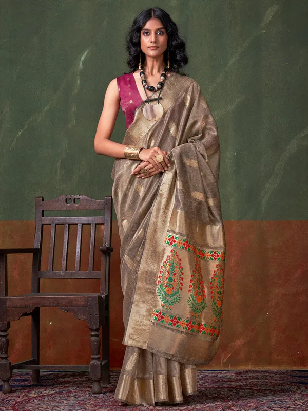 Gold_Premium_Paithani_Tissue_Silk_With_Blouse_Piece_For_Women_&_Girls