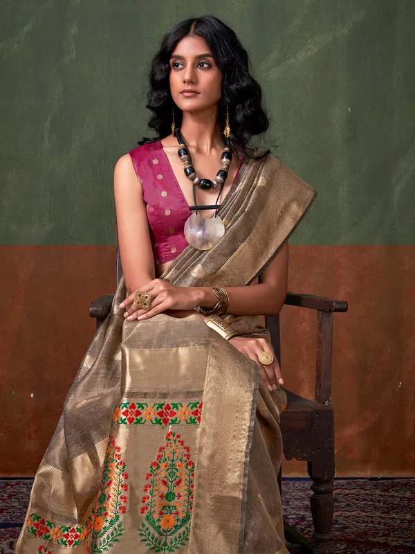 Gold_Premium_Paithani_Tissue_Silk_With_Blouse_Piece_For_Women_&_Girls