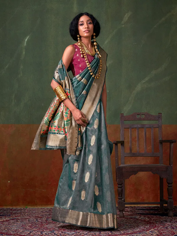Blue_Premium_Paithani_Tissue_Silk_With_Blouse_Piece_For_Women_&_Girls
