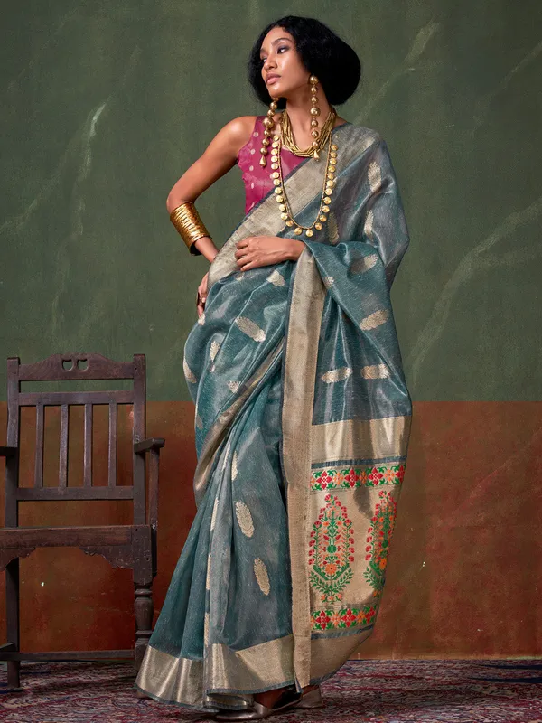 Blue_Premium_Paithani_Tissue_Silk_With_Blouse_Piece_For_Women_&_Girls