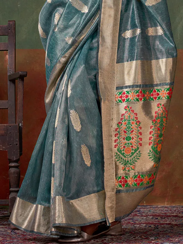 Blue_Premium_Paithani_Tissue_Silk_With_Blouse_Piece_For_Women_&_Girls