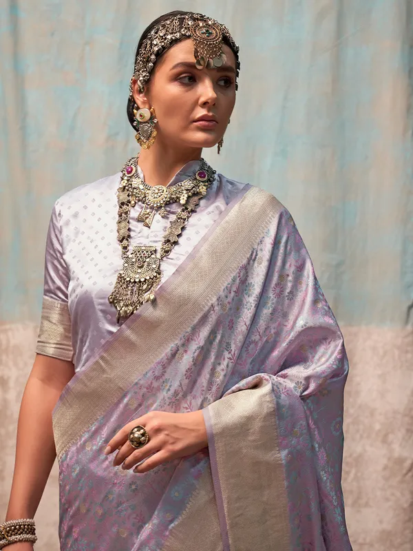 Lavender_Premium_Satin_Silk_With_Blouse_Piece_For_Women_&_Girls