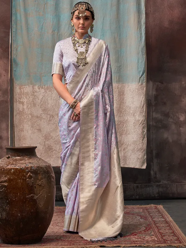 Lavender_Premium_Satin_Silk_With_Blouse_Piece_For_Women_&_Girls