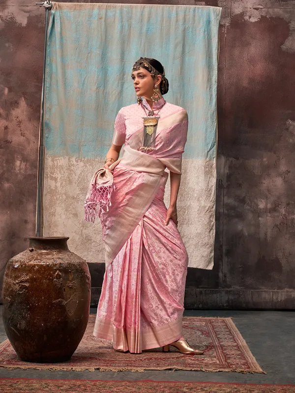 Pink_Premium_Satin_Silk_With_Blouse_Piece_For_Women_&_Girls