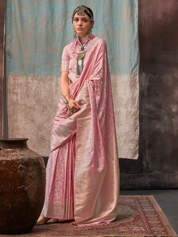 Pink_Premium_Satin_Silk_With_Blouse_Piece_For_Women_&_Girls