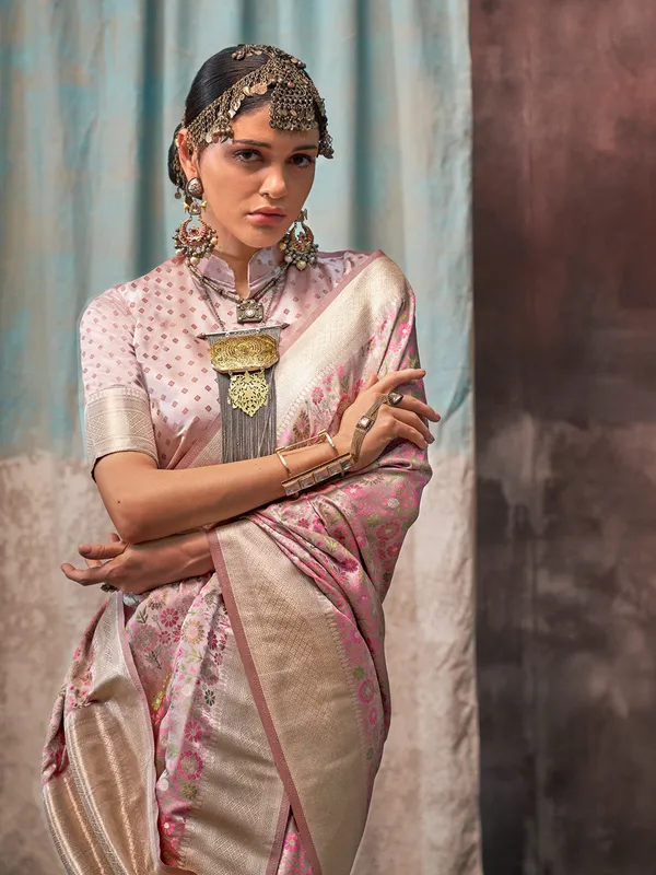 Peach_Premium_Satin_Silk_With_Blouse_Piece_For_Women_&_Girls