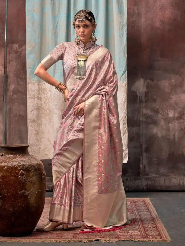 Peach_Premium_Satin_Silk_With_Blouse_Piece_For_Women_&_Girls