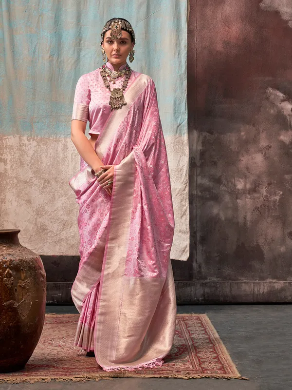Pink_Premium_Satin_Silk_With_Blouse_Piece_For_Women_&_Girls