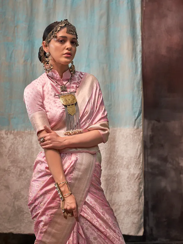 Pink_Premium_Satin_Silk_With_Blouse_Piece_For_Women_&_Girls