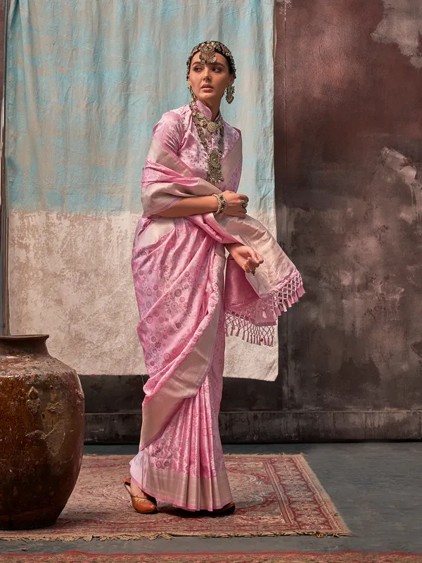 Pink_Premium_Satin_Silk_With_Blouse_Piece_For_Women_&_Girls