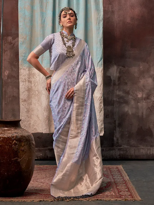 Blue_Premium_Satin_Silk_With_Blouse_Piece_For_Women_&_Girls