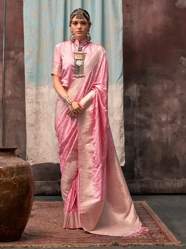 Pink_Premium_Satin_Silk_With_Blouse_Piece_For_Women_&_Girls