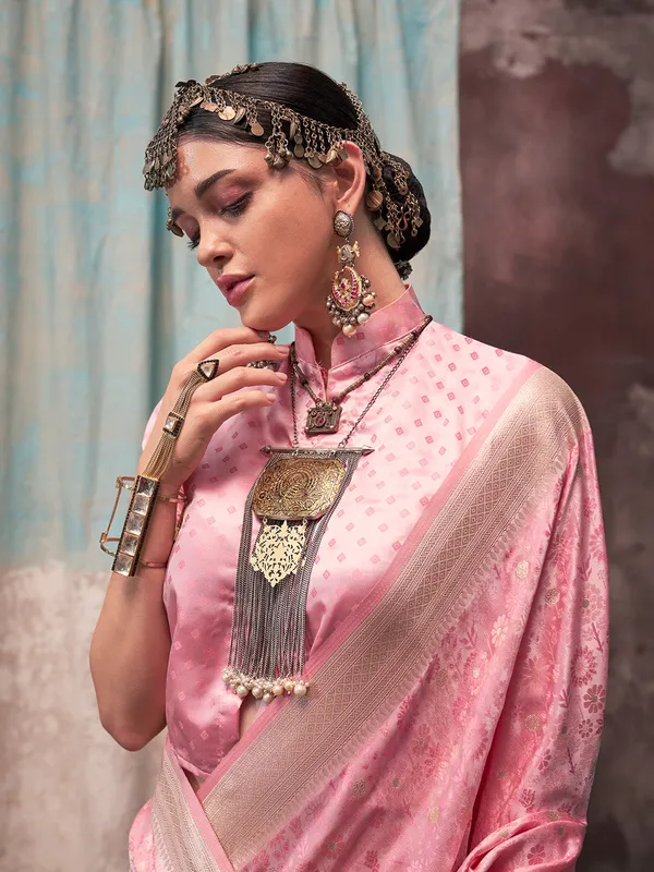 Pink_Premium_Satin_Silk_With_Blouse_Piece_For_Women_&_Girls