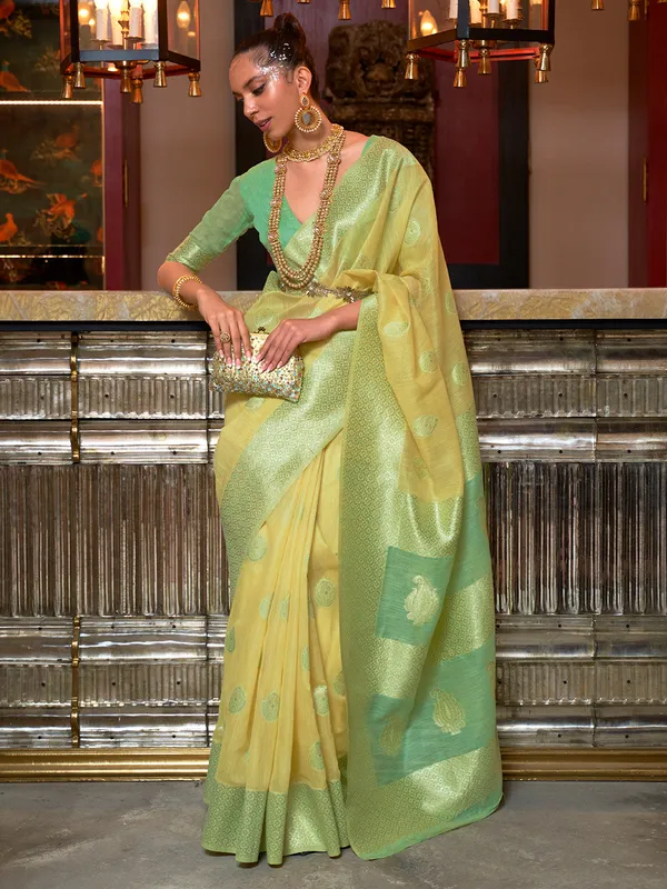Yellow_Green_Premium_Linen_Saree_With_Blouse_Piece_For_Women_&_Girls