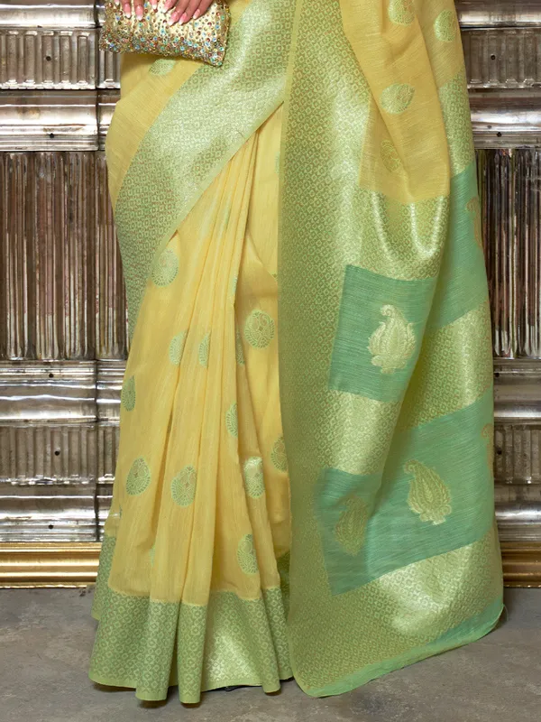 Yellow_Green_Premium_Linen_Saree_With_Blouse_Piece_For_Women_&_Girls