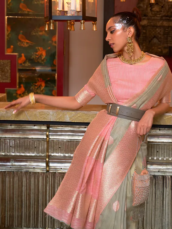 Grey_Pink_Premium_Linen_Saree_With_Blouse_Piece_For_Women_&_Girls