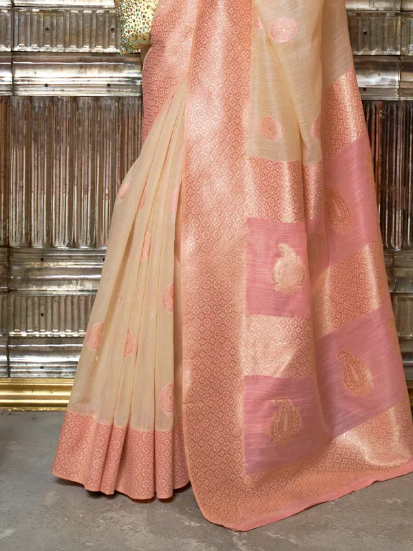 Cream_Pink_Premium_Linen_Saree_With_Blouse_Piece_For_Women_&_Girls