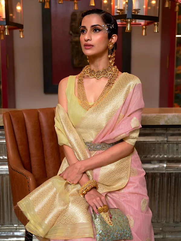 Pink_Yellow_Premium_Linen_Saree_With_Blouse_Piece_For_Women_&_Girls