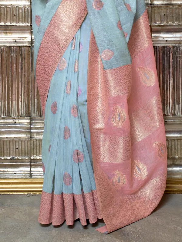 Blue_Pink_Premium_Linen_Saree_With_Blouse_Piece_For_Women_&_Girls