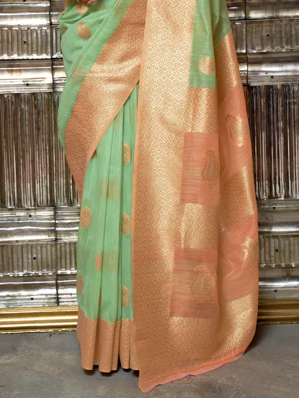 Green_Orange_Premium_Linen_Saree_With_Blouse_Piece_For_Women_&_Girls
